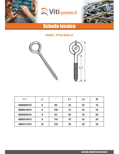 1 x Golfare A Vite Legno Acciaio Inox A4 10X125...