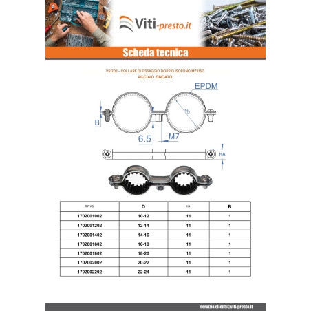 1 x Doppio collare di fissaggio insonorizzato M7X150 Diametro 12 Zincate