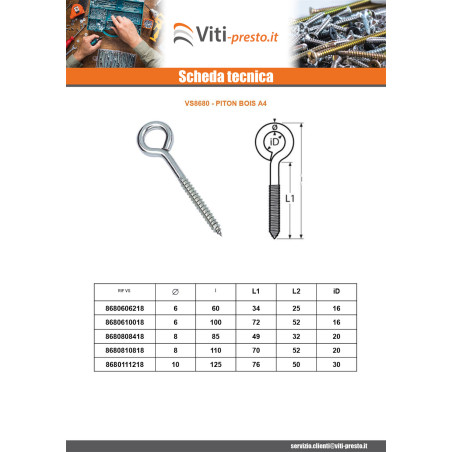 1 x Golfare A Vite Legno Acciaio Inox A4 6X100 Filettata Su 54 Occhio 14
