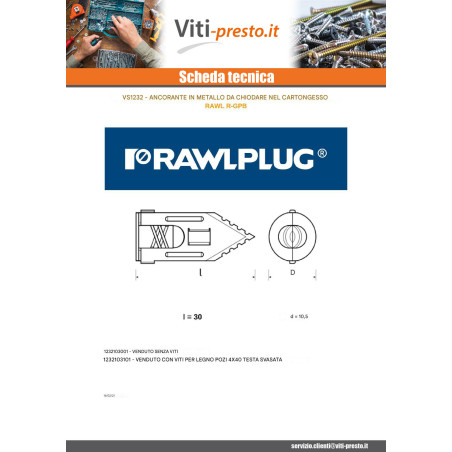 1 x Tassello per cartongesso 10,5X30 Senza Vite RAWLPLUG
