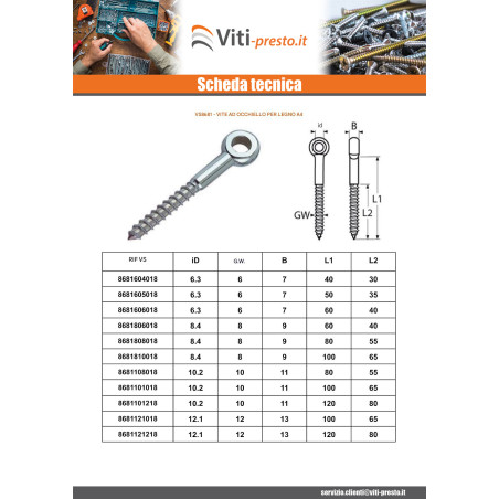 1 x Vite A Occhiello Legno 8X60 Filettata Su 40 Occhio 8.4 Acciaio Inox A4