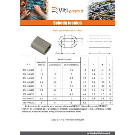 1 x Manicotto a crimpare Alluminio per cavo nucleo tessile Diametro 6 e nucleo metallico Diametro 5