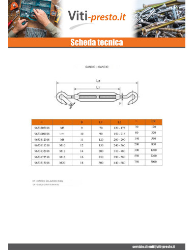 1 x Tenditore A Due Ganci M12X200 Acciaio Inox A4