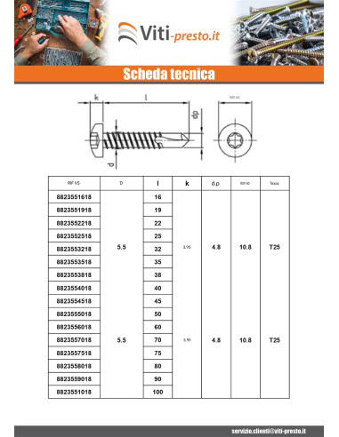1 x Vite Autoperforante Testa Cilindrica 3,9X19...