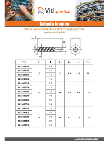 1 x Vite Autoperforante Testa Cilindrica 3,9X25...