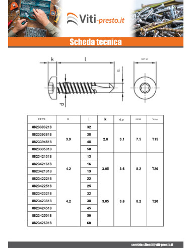 1 x Vite Autoperforante Testa Cilindrica 3,9X25...