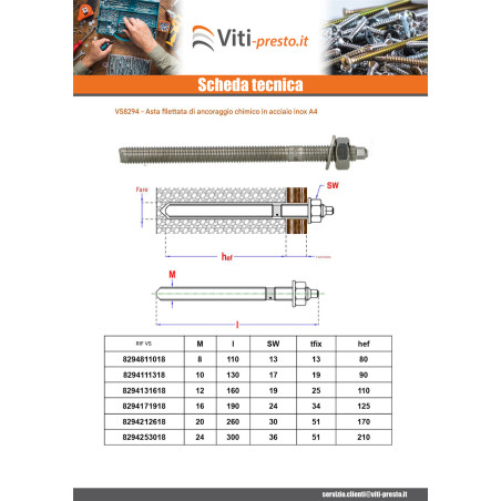 1 x Barra Filettata Ancoraggio CHIMICO M16X190 Acciaio Inox A4