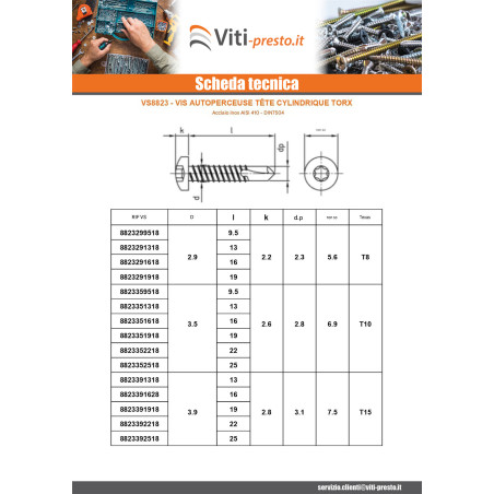 1 x Vite Autoperforante Testa Cilindrica 4,2 x 25 T20 Acciaio Inox Aisi 410