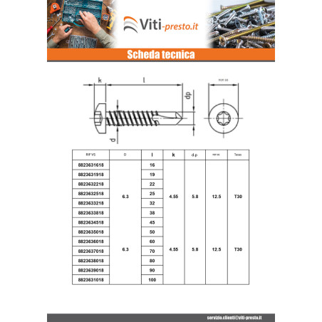 1 x Vite Autoperforante Testa Cilindrica 4,2 x 25 T20 Acciaio Inox Aisi 410