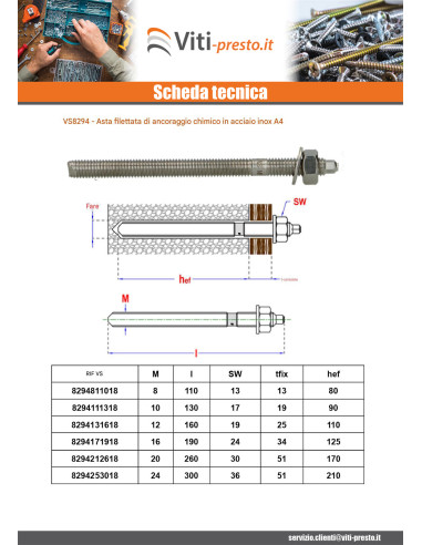 1 x Barra Filettata Ancoraggio CHIMICO M20X260...