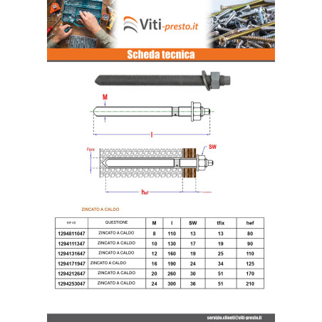 1 x Barra Filettata Ancoraggio CHIMICO M8X110 Zincate