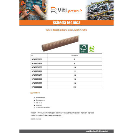 1 x Perno scanalato in legno Diametro 20 Lunghezza 1 Metro