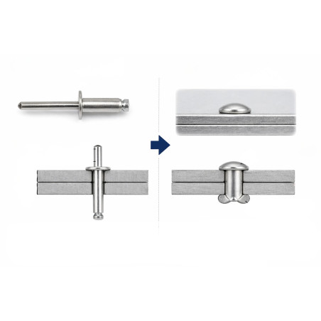 1 x Rivetti a strappo Alumínio Pino de aço 3X14 Spessore Di Serraggio 9 con 11 Testa tonda standard ALX