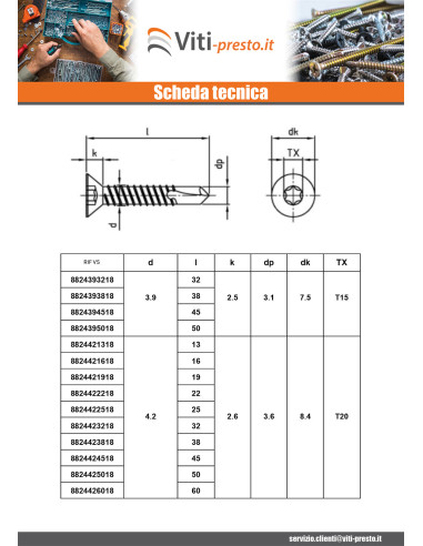 1 x Vite Autoperforante Testa Forata 6,3X38 T30...