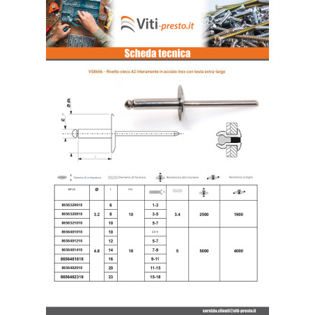 1 x Rivetto Cieco Tutto Acciaio Inox Testa Extra Large 4.8X12 Spessore Di Serraggio 5 con 7