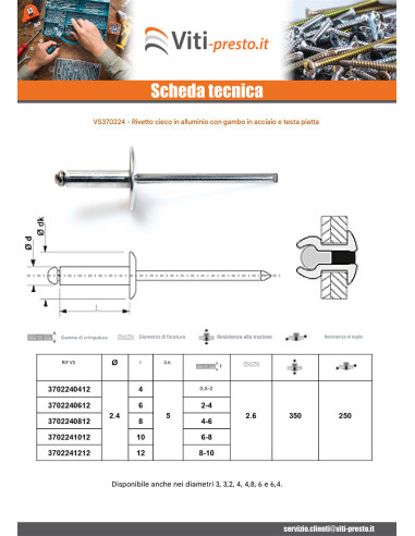 1 x Rivetti a strappo Alumínio Pino de aço...