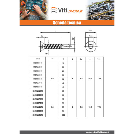 1 x Vite Autoperforante Testa Forata 5,5X40 T25 Acciaio Inox Aisi 410
