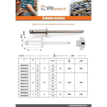 1 x RIVAVEU Tutto Acciaio Inox A4 Testa tonda standard 3.2X10 Spessore Di Serraggio 5 con 7