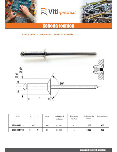 1 x Rivetto cieco, tutto in alluminio 4x12...