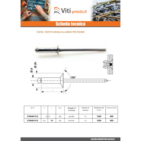 1 x Rivetto cieco, tutto in alluminio 4x12 Spessore Di Serraggio 6 con 8 Testa Forata TUO