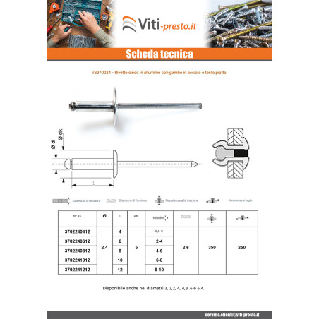 1 x Rivetti a strappo Alumínio Pino de aço 2.4X6 Spessore Di Serraggio 2 con 4 Testa tonda standard ALX