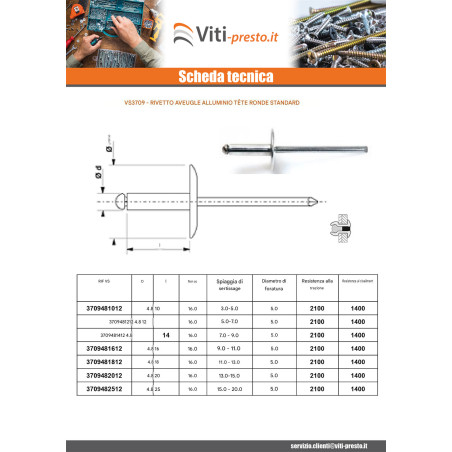 1 x Rivetto cieco interamente in alluminio 4.8X20 Spessore Di Serraggio 13 con 15 Testa Extra Large TUO
