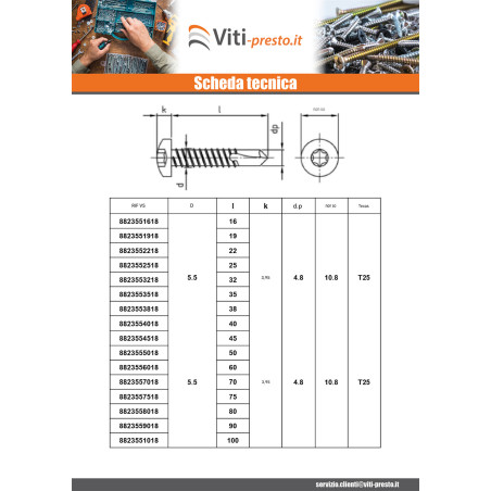 1 x Vite Autoperforante Testa Cilindrica 2,9X19 T8 Acciaio Inox Aisi 410