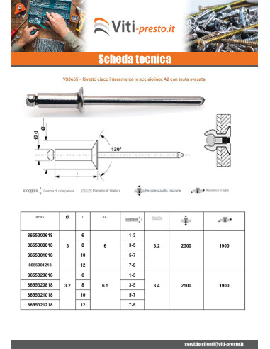 1 x Rivetto Cieco Tutto Acciaio Inox Testa...