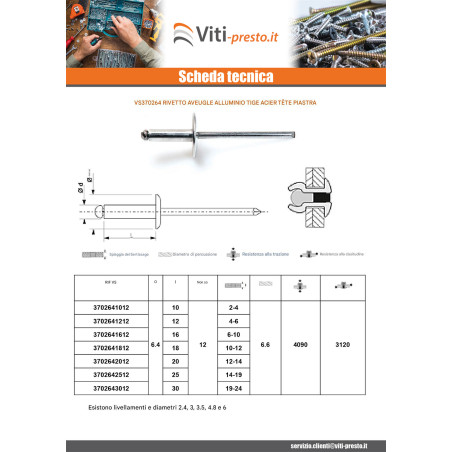1 x Rivetti a strappo Alumínio Pino de aço 6.4X10 Spessore Di Serraggio 2 con 4 Testa tonda standard ALX