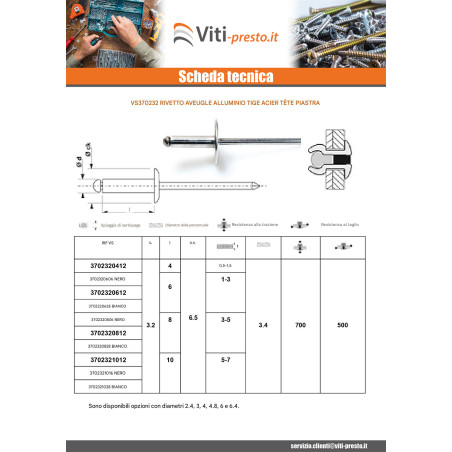 1 x Rivetti a strappo Alumínio Pino de aço 3.2X6 Spessore Di Serraggio 1 con 3 Testa tonda standard Bianco