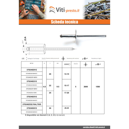 1 x Rivetti a strappo Alumínio Pino de aço 4.8X10 Spessore Di Serraggio 3 con 5 Testa tonda standard ALX