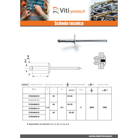 1 x Rivetti a strappo Alumínio Pino de aço 4.8X10 Spessore Di Serraggio 3 con 5 Testa tonda standard ALX