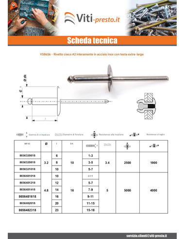 1 x Rivetto Cieco Tutto Acciaio Inox Testa...