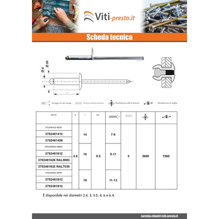 1 x Rivetti a strappo Alumínio Pino de aço 4.8X8 Spessore Di Serraggio 1 con 3 Testa tonda standard Bianco