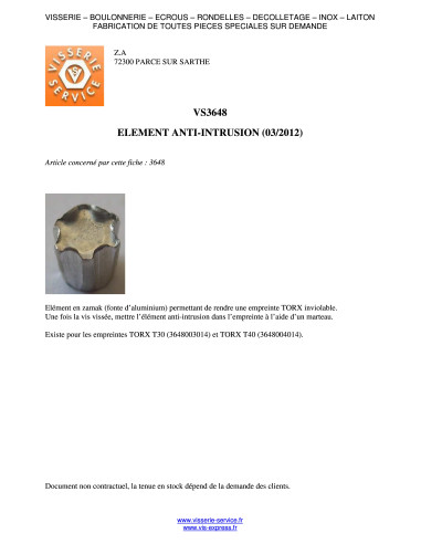 1 x ELEMENTO ANTI INTRUSIONE T40 Zamak