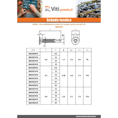 1 x Vite Autoperforante Testa Forata 4,8X19 T25 Acciaio Inox Aisi 410