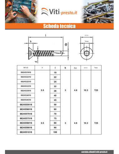 1 x Vite Autoperforante Testa Forata 4,8X19 T25...