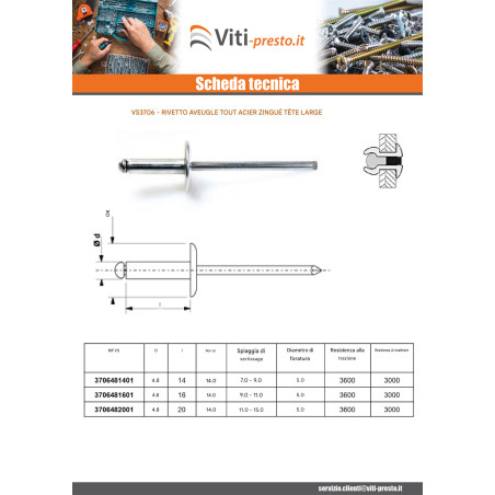 1 x Rivetto cieco interamente in acciaio ZING 4.8X14 Spessore Di Serraggio 7 con 9 Testa Larga