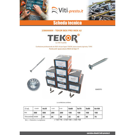 1 x TEKOR PACCHETTO PRO 1800 Vite Testa Forata Dentellato Torx Acciaio Inox A2