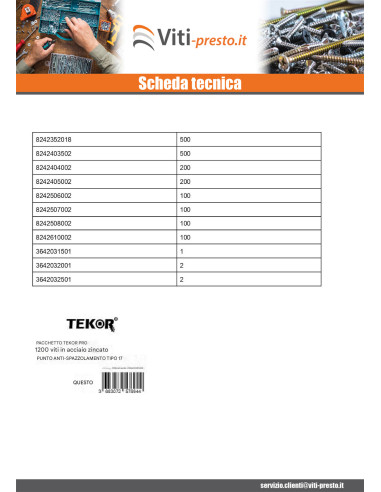 1 x TEKOR PACCHETTO PRO 1800 Vite Testa Forata...