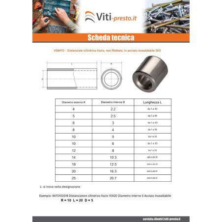 1 x Distanziatore Cilindrica Liscio 20X25 Diametro Interno 16.3INOX