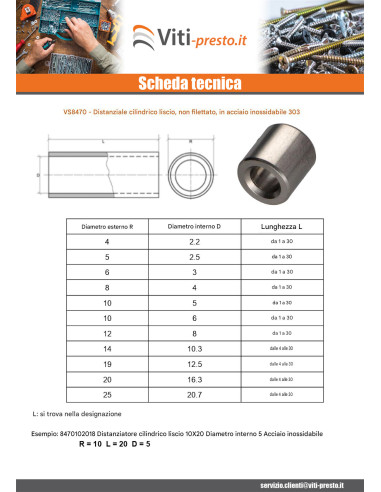 1 x Distanziatore Cilindrica Liscio 10X10...