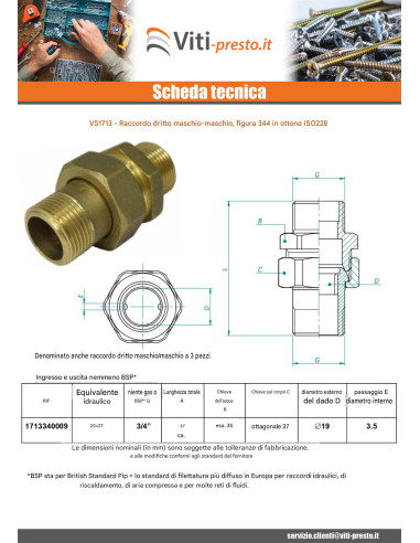 1 x Raccordo dritto 20x27 (3/4") Maschio /...
