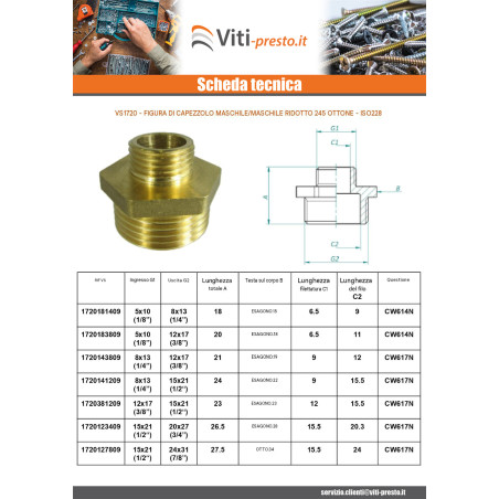 1 x Figura del capezzolo ridotto 245 Maschio / Maschio 8x13 (1/4") X 12x17 (3/8') Ottone Cromato