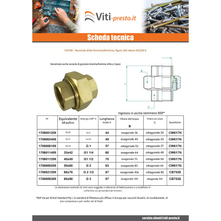 1 x Raccordo dritto 66x76 (2"1/2) Femmina Femmina Ottone Figura 340