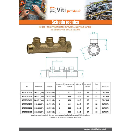 1 x Manifold 4 uscite 26x34 (1") Maschio/Femmina Ottone per impianti idraulici sanitari