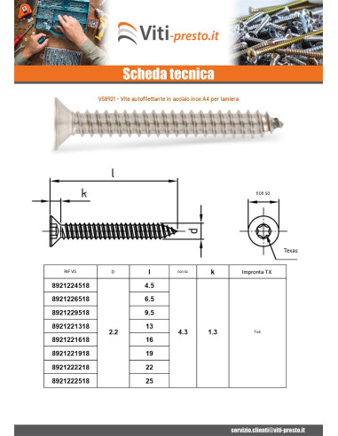 1 x Vite Per Lamiera Testa Forata 4,2 x 19 T20...