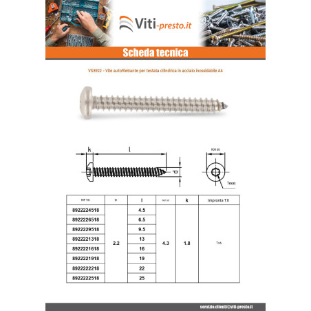 1 x Vite Per Lamiera Testa Cilindrica Bombata 2,9 x 9,5 T10 Acciaio Inox A4