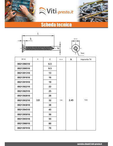 1 x Vite Per Lamiera Testa Forata 3,9X55 T15...