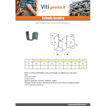 1 x Supporto per travi a forma di U supporto per trave 25X75 Sendzimir